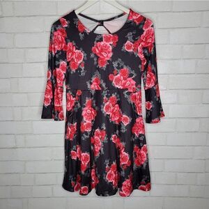 Justice Black Red Roses Long Bell Sleeve Swing Dress